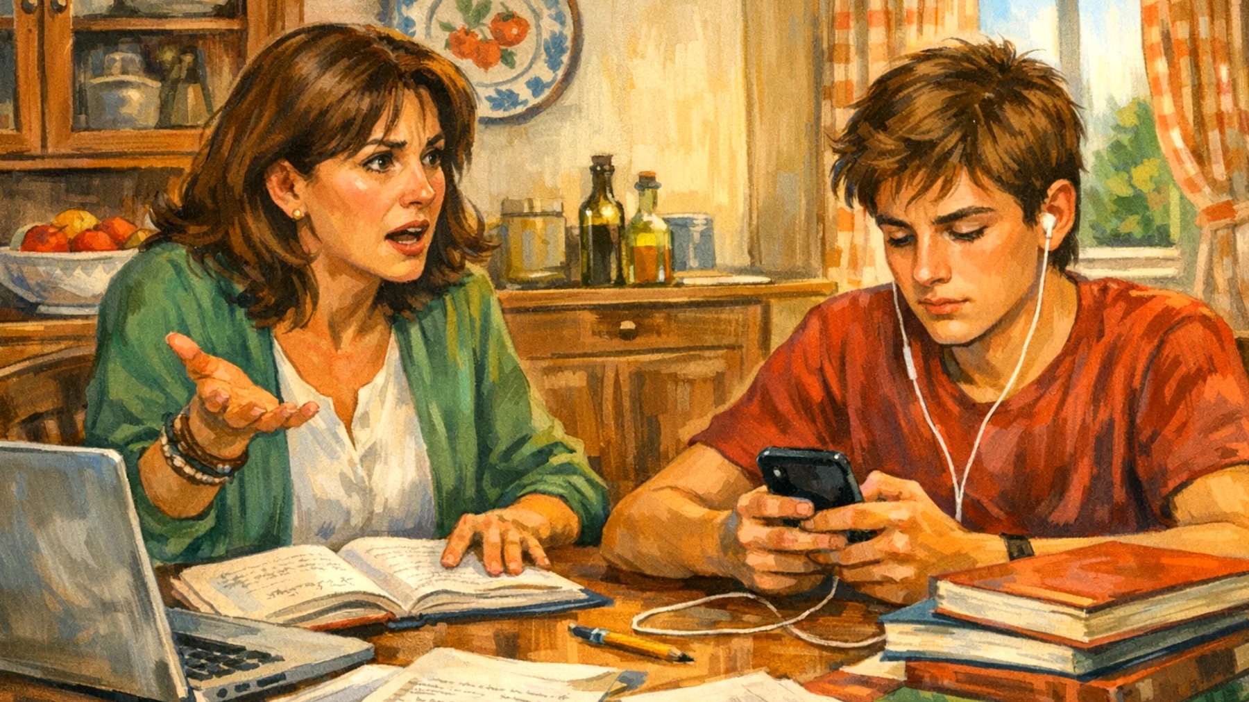 Genitori che faticano a motivare figli adolescenti allo studio, con calo del rendimento scolastico, procrastinazione e conflitti durante i compiti"