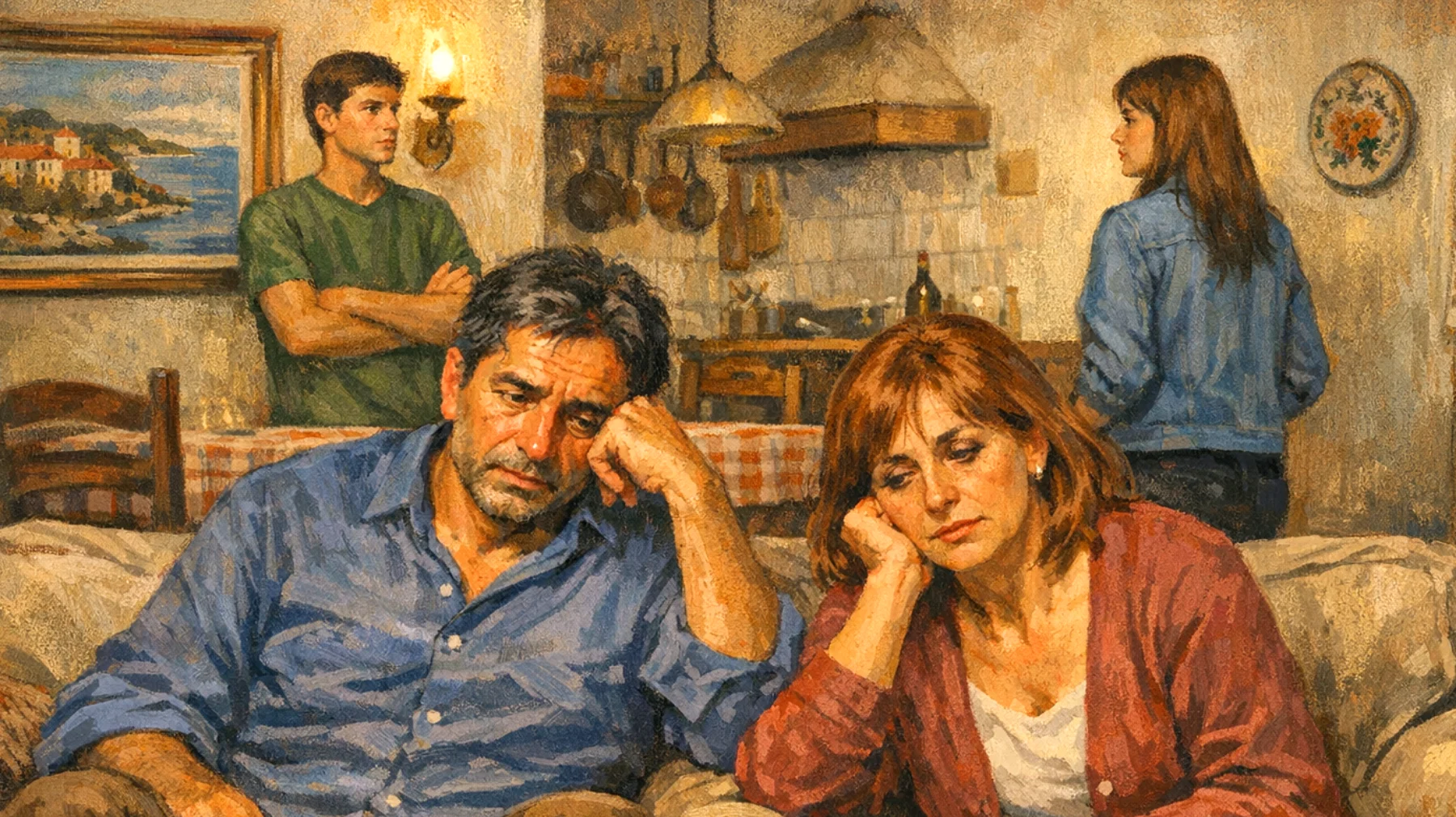 Genitori esausti che faticano a mantenere un rapporto di qualità con i figli giovani adulti a causa di ritmi lavorativi intensi, responsabilità multiple e mancanza cronica di energie fisiche ed emotive"