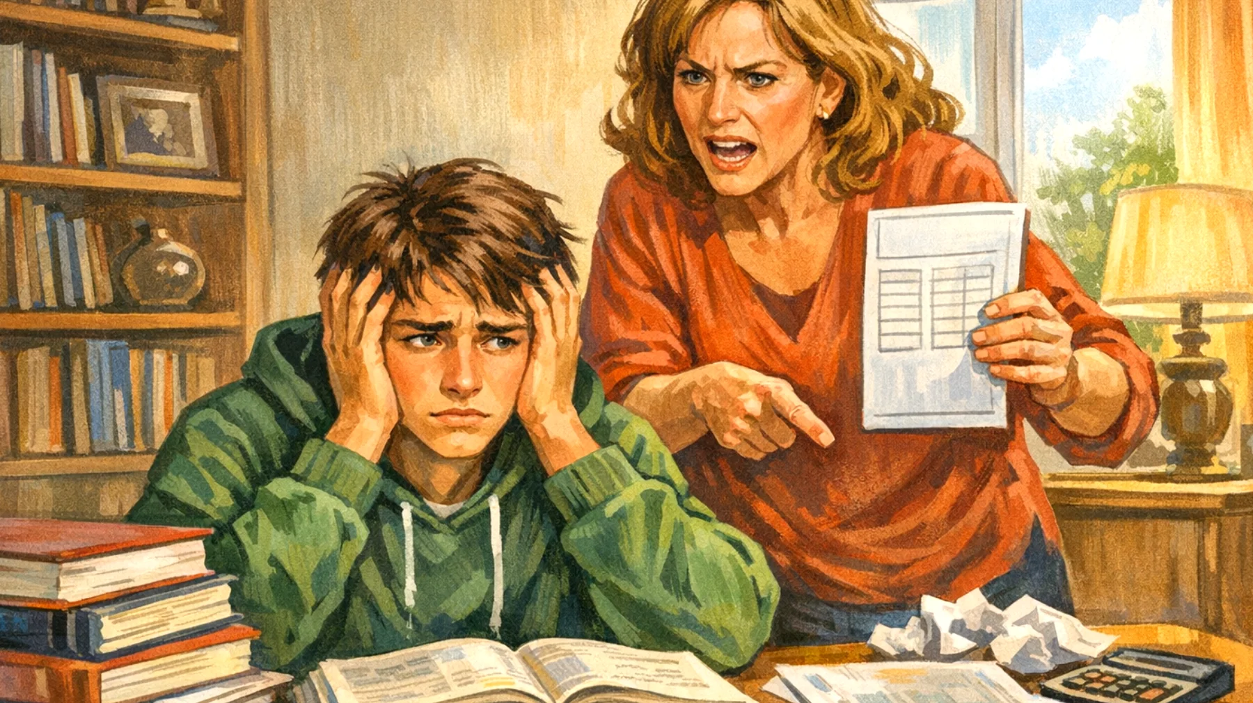 Genitori che esercitano pressioni eccessive sugli adolescenti riguardo rendimento scolastico, prestazioni sportive e aspettative di successo, creando ansia da prestazione e conflitti relazionali"