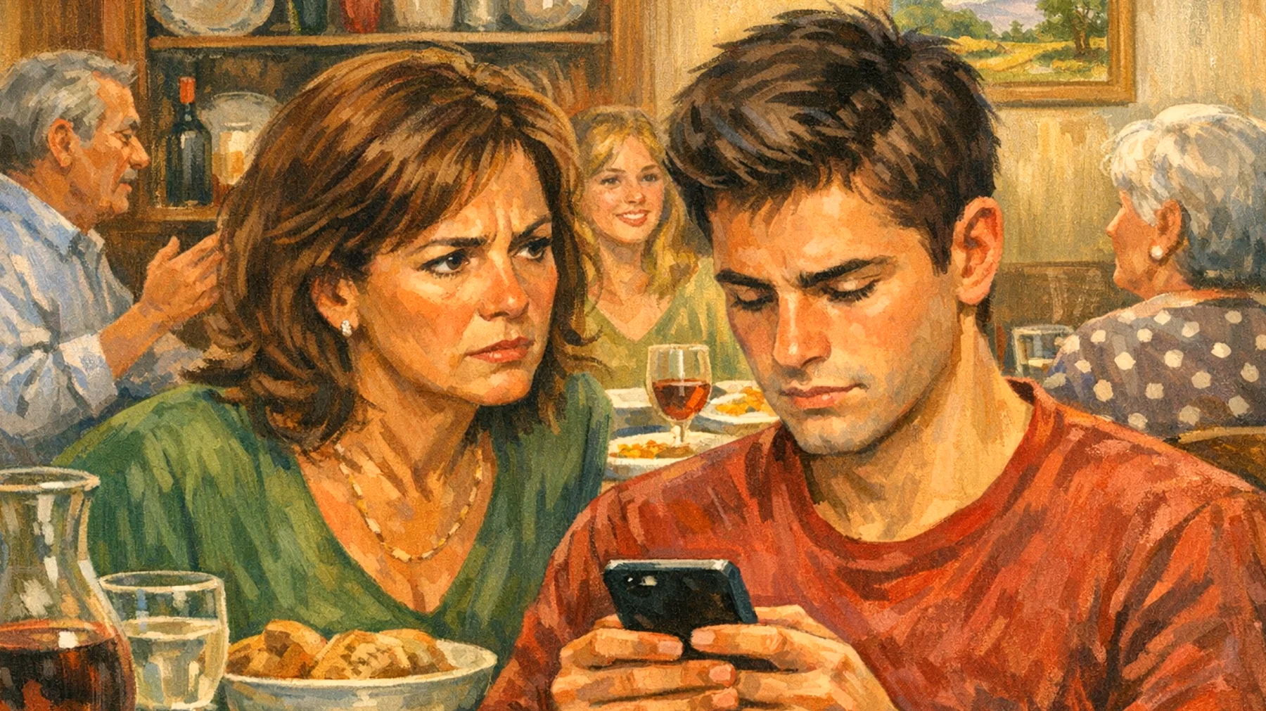 Mamma preoccupata per l'eccessivo uso dello smartphone da parte del figlio giovane adulto che compromette il dialogo familiare e la sua produttività"