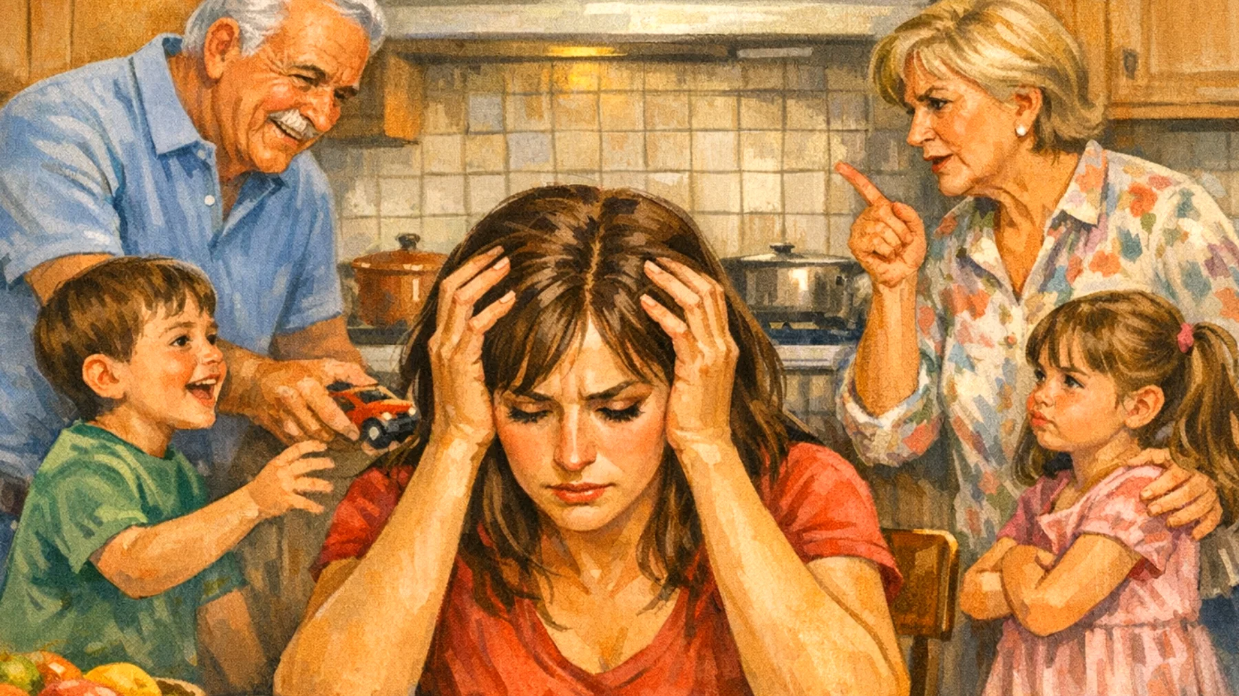 Una mamma si trova in difficoltà nel gestire i continui contrasti con i suoceri o con i propri genitori riguardo l'educazione dei suoi bambini piccoli. Le interferenze della famiglia allargata (metodi educativi diversi, critiche sulle scelte genitoriali, regole contraddittorie) creano confusione nei bambini e tensione familiare, minando l'autorità materna e generando sensi di colpa e frustrazione."