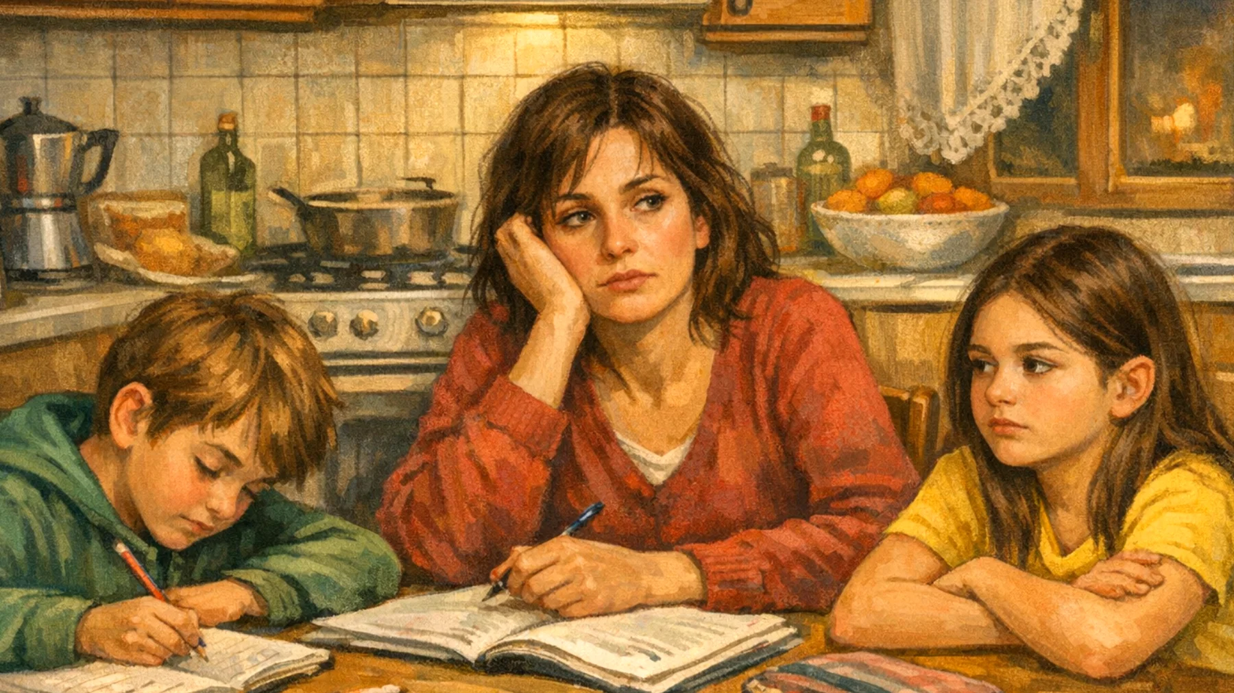 Una mamma fatica a creare un dialogo affettivo autentico con i suoi bambini, limitandosi spesso agli aspetti pratici della giornata (compiti, cena, igiene) senza riuscire a esplorare il mondo emotivo e i bisogni affettivi profondi dei piccoli"