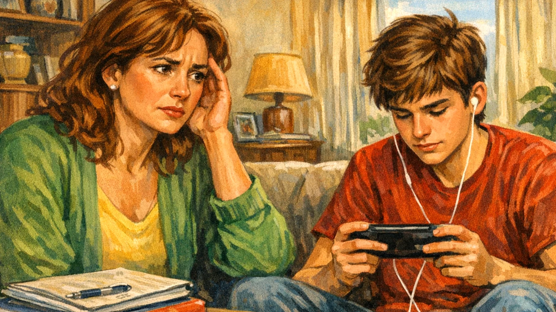 Mamma in difficoltà nel gestire l'uso eccessivo dello smartphone e dei videogiochi da parte del figlio adolescente, che trascorre diverse ore al giorno davanti agli schermi, trascurando i compiti scolastici e le relazioni familiari."