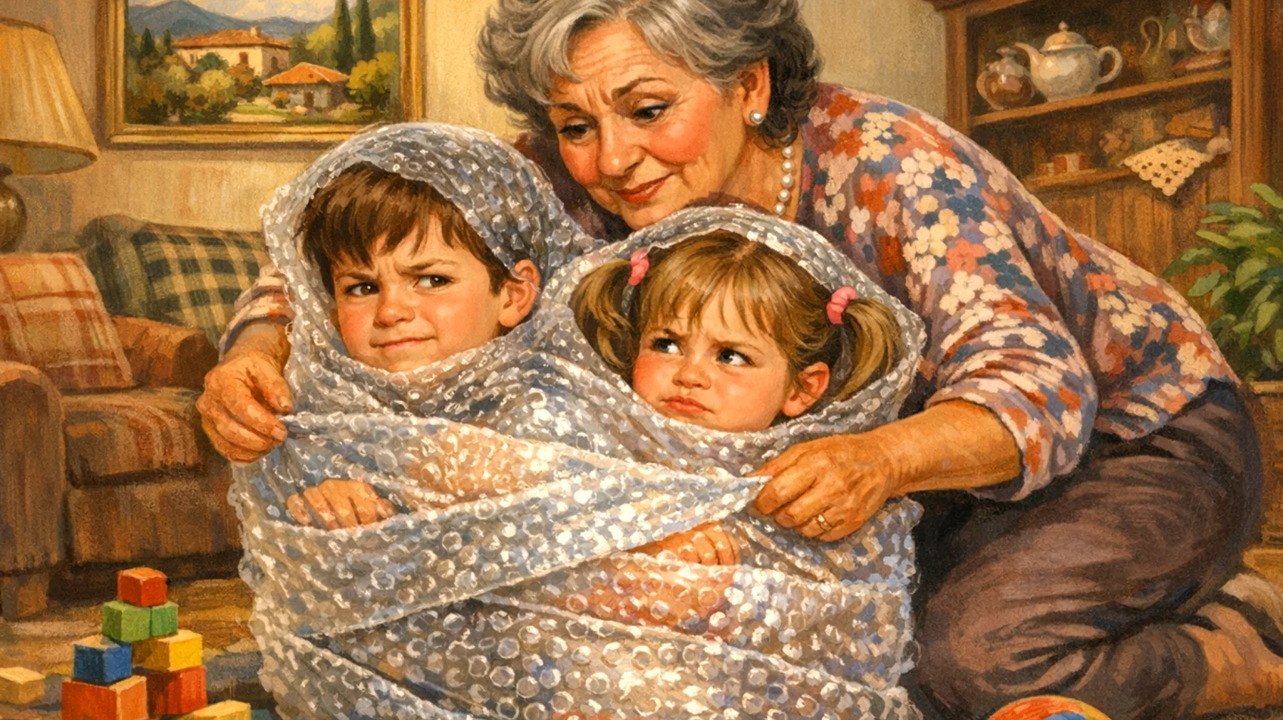 Nonna che tende a proteggere eccessivamente i nipoti bambini, limitando la loro autonomia e capacità di sperimentare in sicurezza"