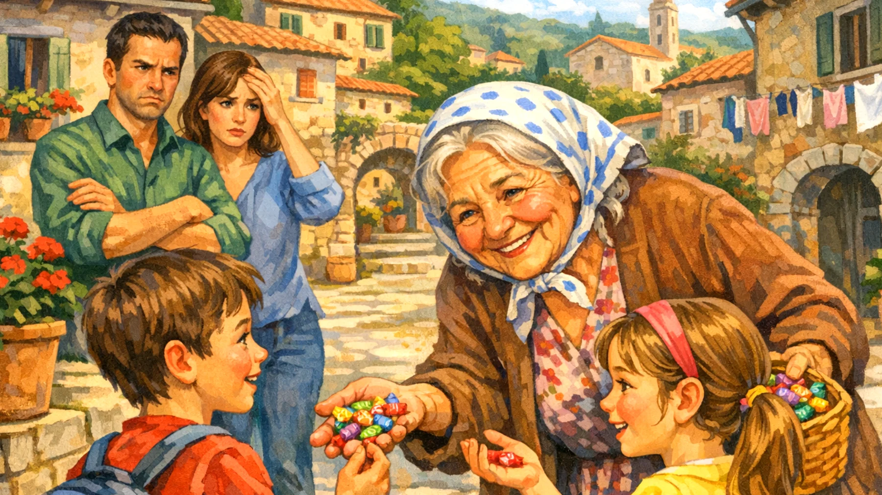 Nonna che ha difficoltà a dire 'no' ai nipoti bambini, cedendo sempre alle loro richieste e creando situazioni di conflitto con i genitori"