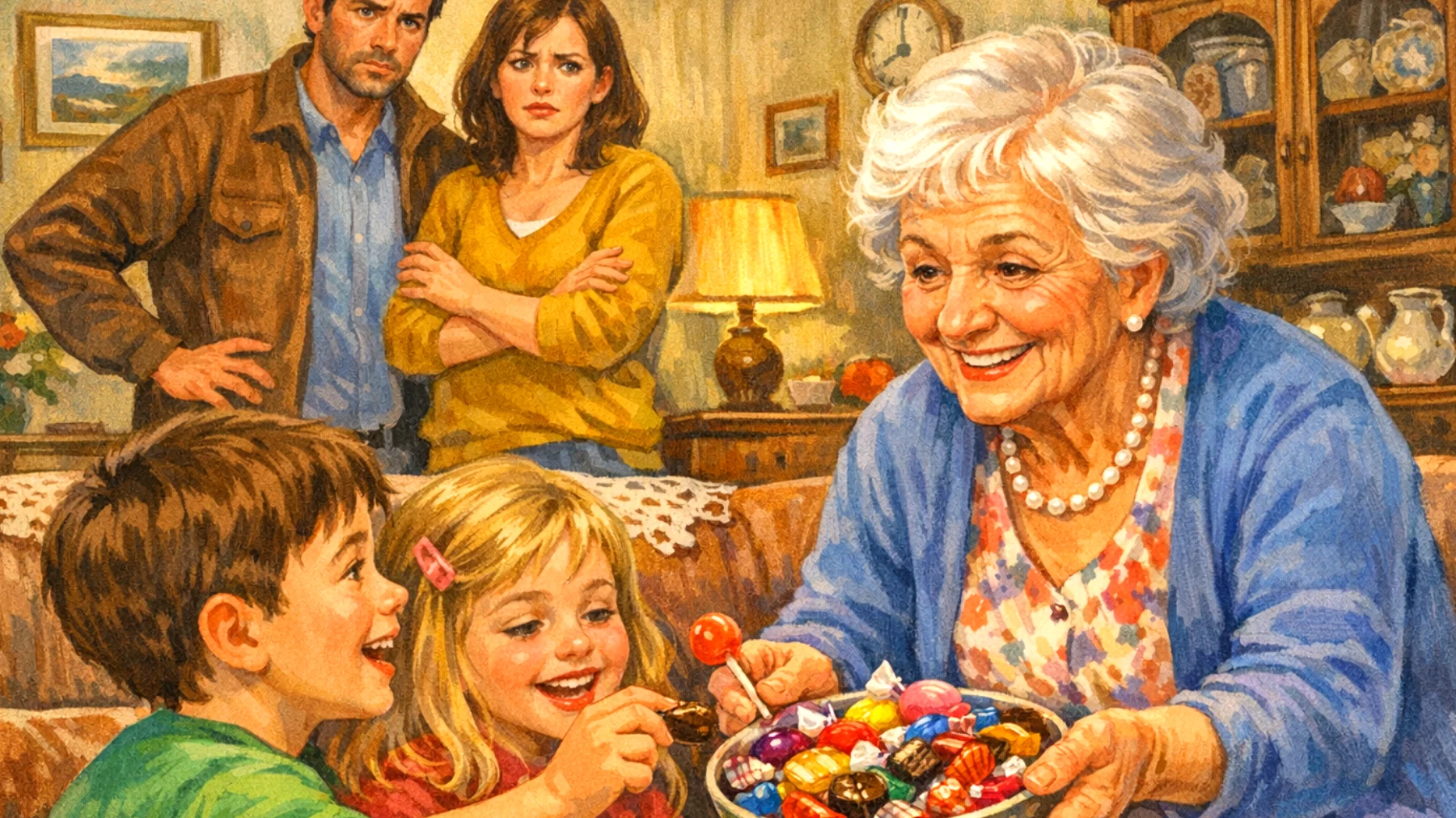 Una nonna che, nel tentativo di essere affettuosa e di godersi i momenti con i nipoti bambini, cede costantemente a ogni loro richiesta, concedendo dolci illimitati, orari senza regole e capricci assecondati, creando difficoltà ai genitori nella gestione educativa quotidiana e confusione nei bambini rispetto ai limiti comportamentali"