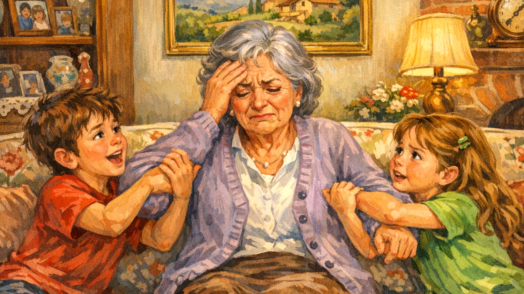 La nonna si trova a gestire la gelosia e la rivalità tra nipoti bambini durante le visite familiari, con litigi frequenti per attirare la sua attenzione e accusazioni di favoritismi"