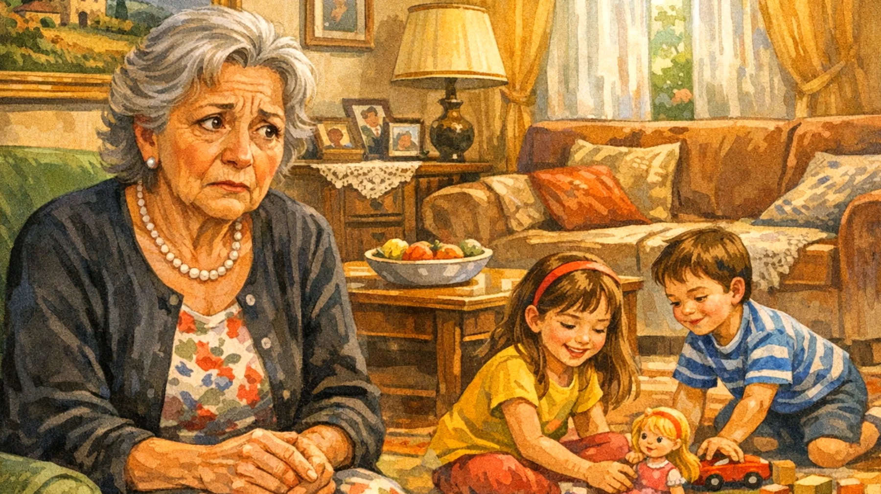 Nonna preoccupata per il futuro dei nipoti bambini in un mondo incerto, che fatica a nascondere le proprie ansie e proietta timori eccessivi su di loro, condizionando la serenità del presente"