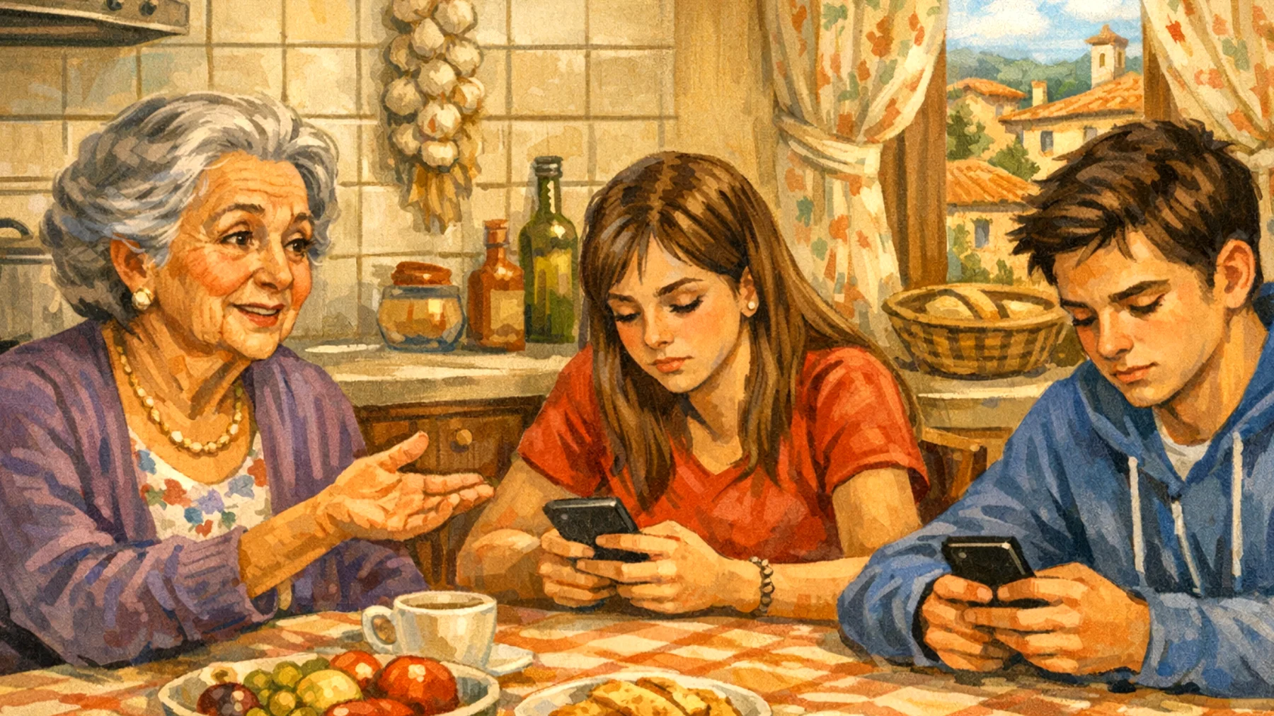 Nonna che fatica a comunicare con nipoti adolescenti che si chiudono, rispondono a monosillabi e sembrano disinteressati al dialogo"