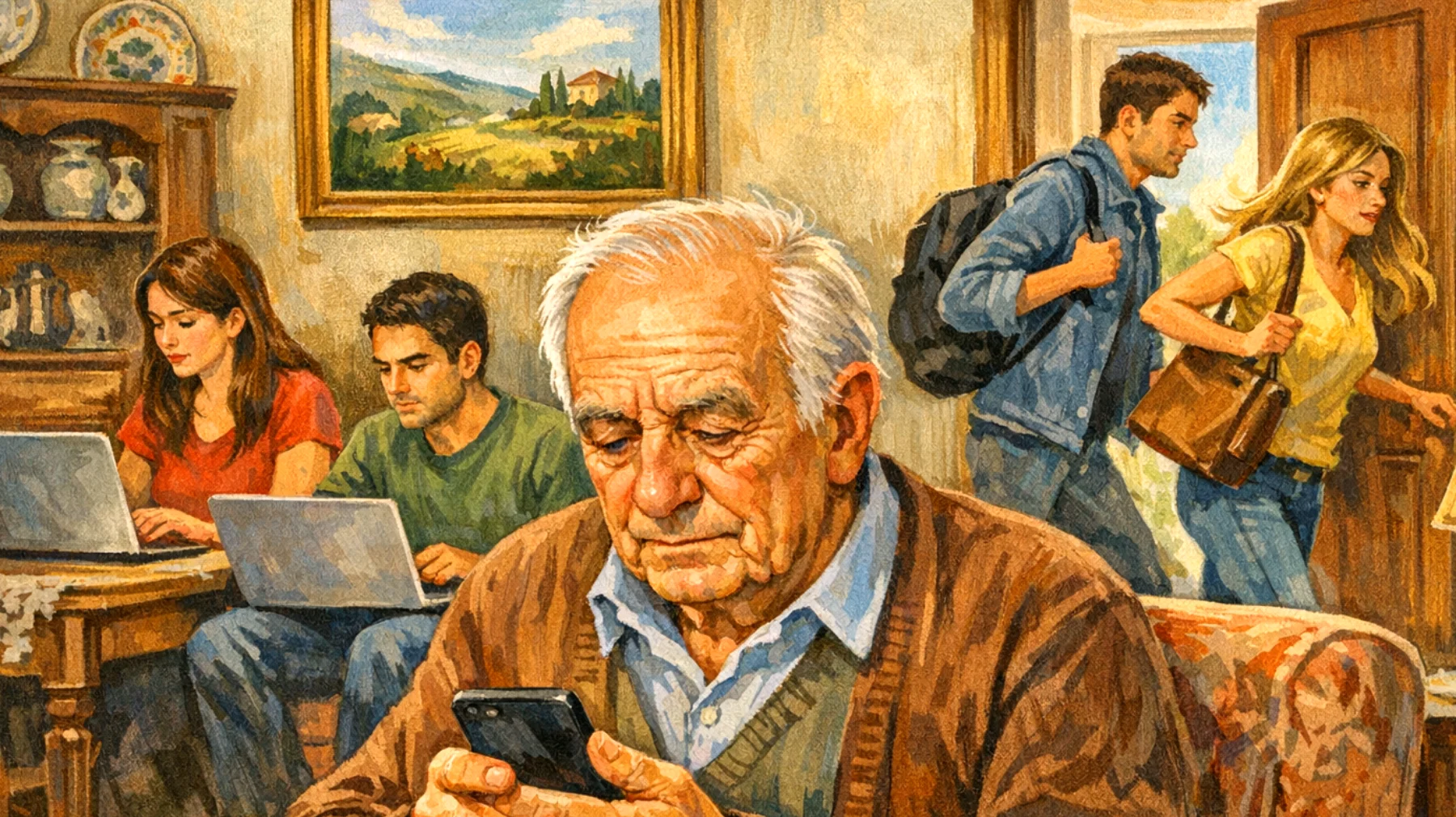 Il nonno si sente escluso dalla vita dei nipoti giovani adulti che sono sempre impegnati tra lavoro, università e vita sociale, e fatica a trovare momenti di condivisione significativi con loro a causa dei ritmi frenetici e della mancanza di tempo reciproca"