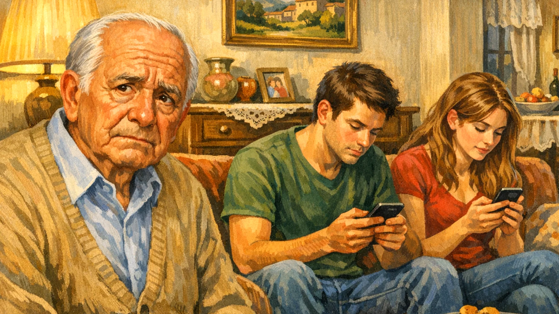 Il nonno si preoccupa per l'uso che i nipoti giovani adulti fanno dei social media, notando comportamenti rischiosi come la condivisione eccessiva di informazioni personali, l'esposizione a contenuti inappropriati o la creazione di un'immagine online che potrebbe danneggiare la loro reputazione professionale e personale. Si sente impotente nel comunicare questi rischi a causa del divario generazionale e teme di essere percepito come intrusivo o fuori dal mondo digitale."