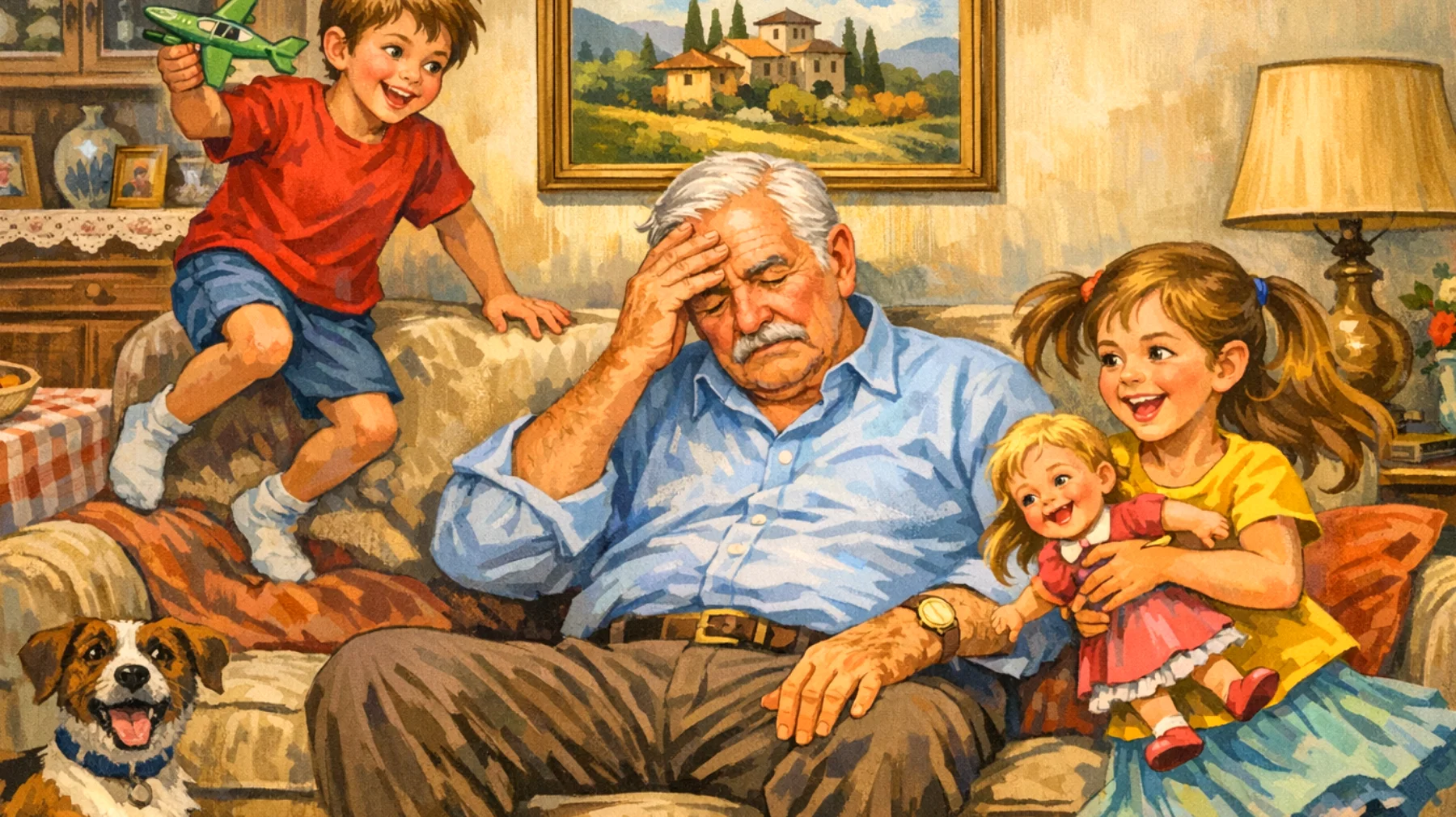 Il nonno si sente fisicamente e mentalmente esausto nel prendersi cura quotidianamente dei nipoti bambini, con poco tempo per sé stesso e timore di non riuscire a stare al passo con le loro energie"