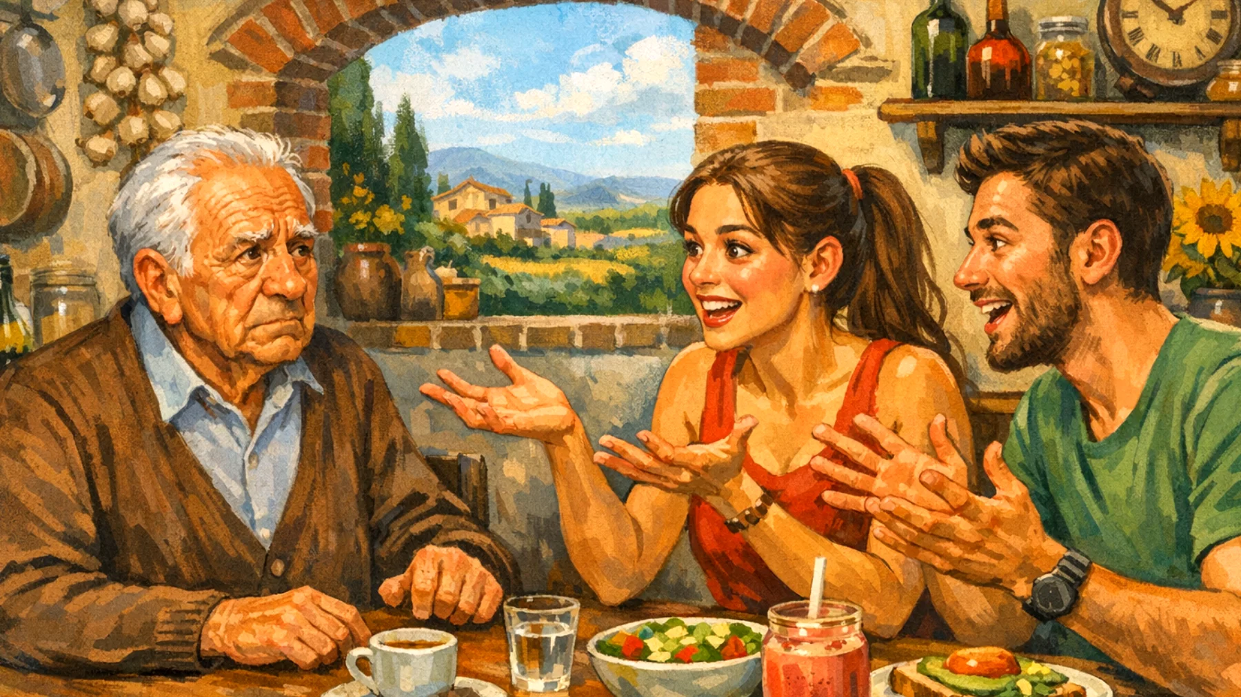 Il nonno fatica a comprendere le scelte di vita e i valori dei nipoti giovani adulti, creando tensioni e incomprensioni legate al divario generazionale su temi come carriera, relazioni, stile di vita e priorità esistenziali"