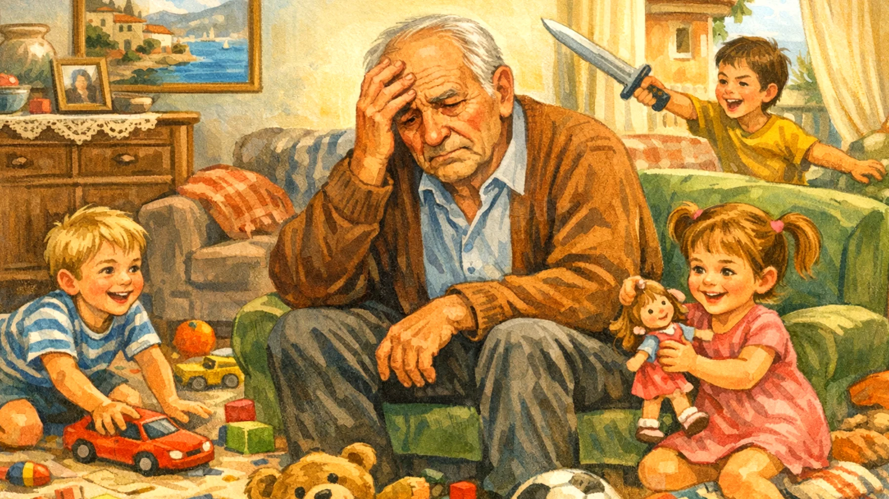 Il nonno si trova in difficoltà perché i nipoti bambini non collaborano durante le attività quotidiane come riordinare i giochi, prepararsi per uscire o mangiare a tavola, creando situazioni di stress e frustrazione reciproca"