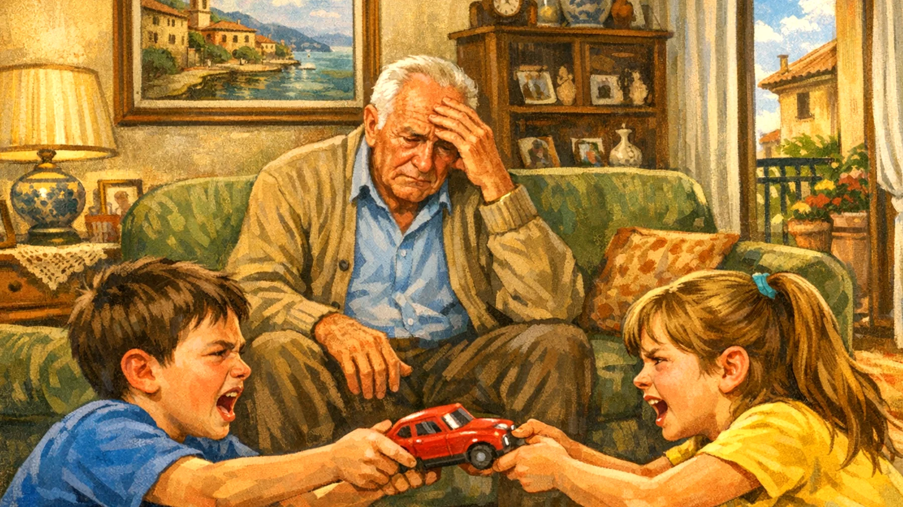 Il nonno fatica a gestire la gelosia e la rivalità tra i nipoti bambini durante le visite, creando tensioni e sensi di inadeguatezza nel suo ruolo"