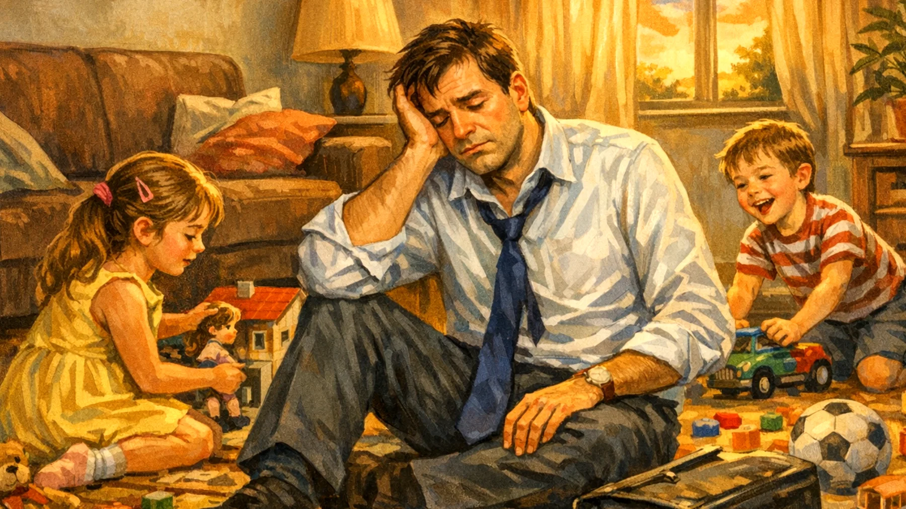 Papà che rientra tardi dal lavoro e fatica a trovare energie per giocare e stare presente con i propri bambini piccoli, sentendosi in colpa per la poca qualità del tempo trascorso insieme"