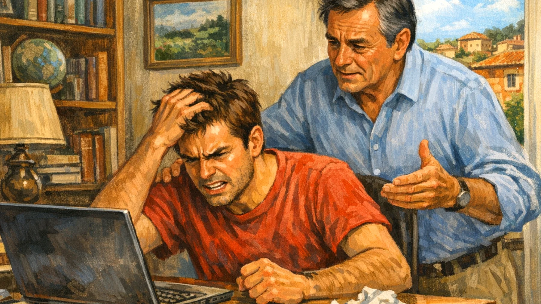 Un papà si trova in difficoltà nel gestire le reazioni esagerate del figlio giovane adulto di fronte alle frustrazioni quotidiane, come un rifiuto lavorativo o un insuccesso personale, con conseguenti scoppi d'ira o rinuncia immediata agli obiettivi"