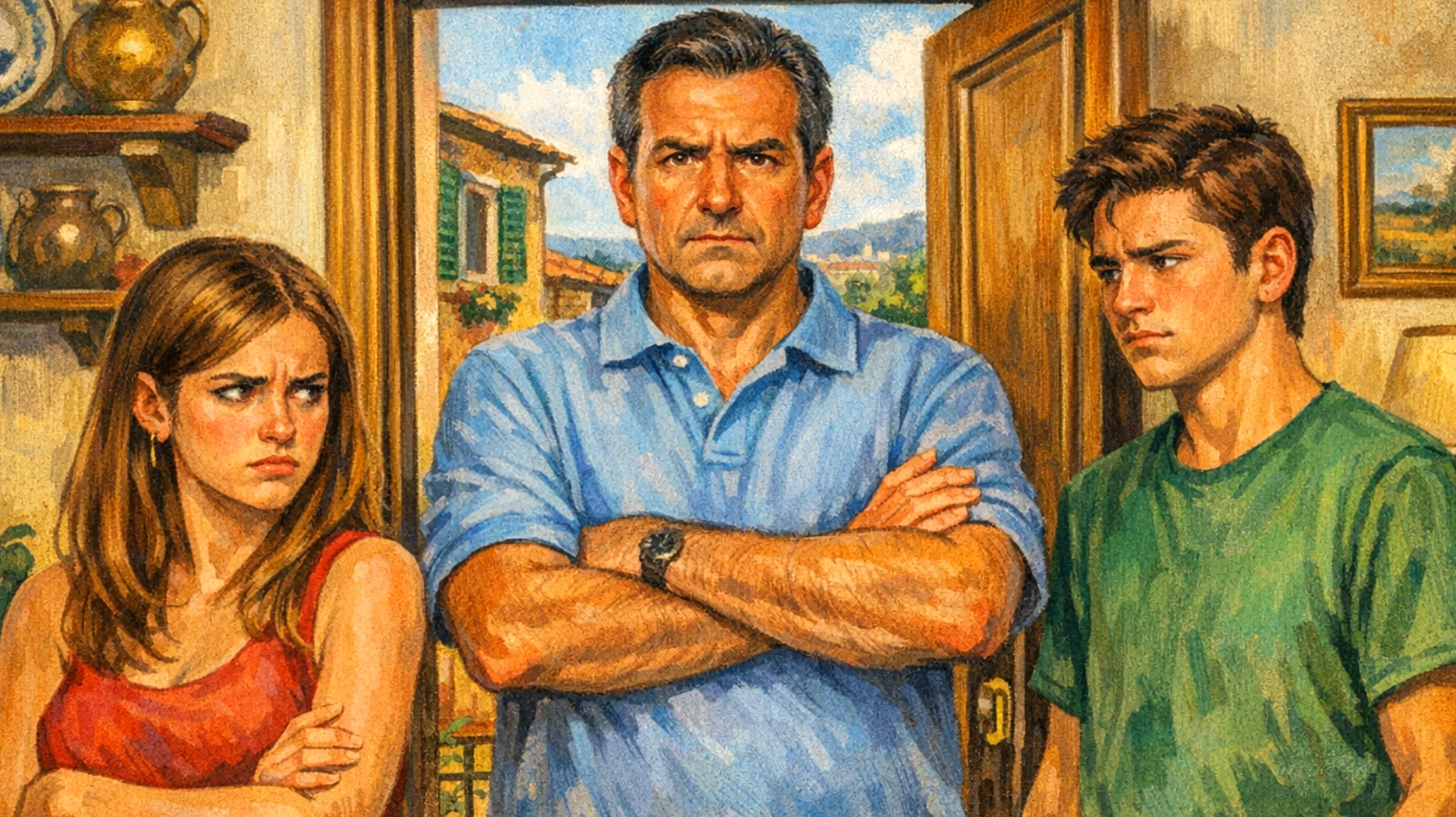 Un papà che tende a proteggere eccessivamente i propri figli adolescenti, limitando la loro autonomia e impedendo loro di fare esperienze normali per la loro età, generando frustrazione e conflitti"