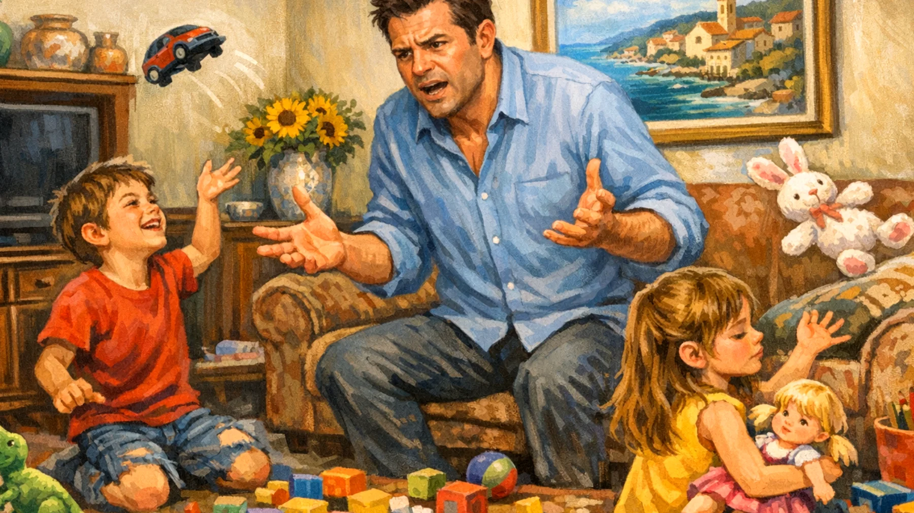 Papà che fatica a stabilire e far rispettare regole e limiti con i propri bambini piccoli, creando confusione educativa e comportamenti capricciosi"