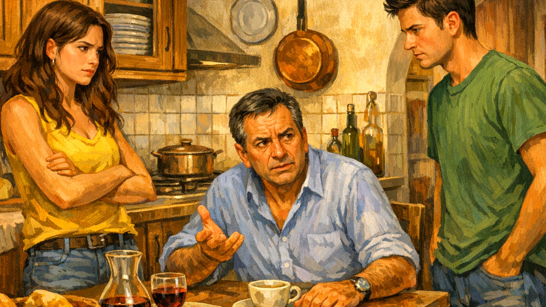 Papà che fatica a stabilire regole e limiti chiari con i figli giovani adulti, oscillando tra il desiderio di trattarli da adulti responsabili e la necessità di mantenere autorevolezza su questioni importanti come orari, contributi economici e scelte di vita"