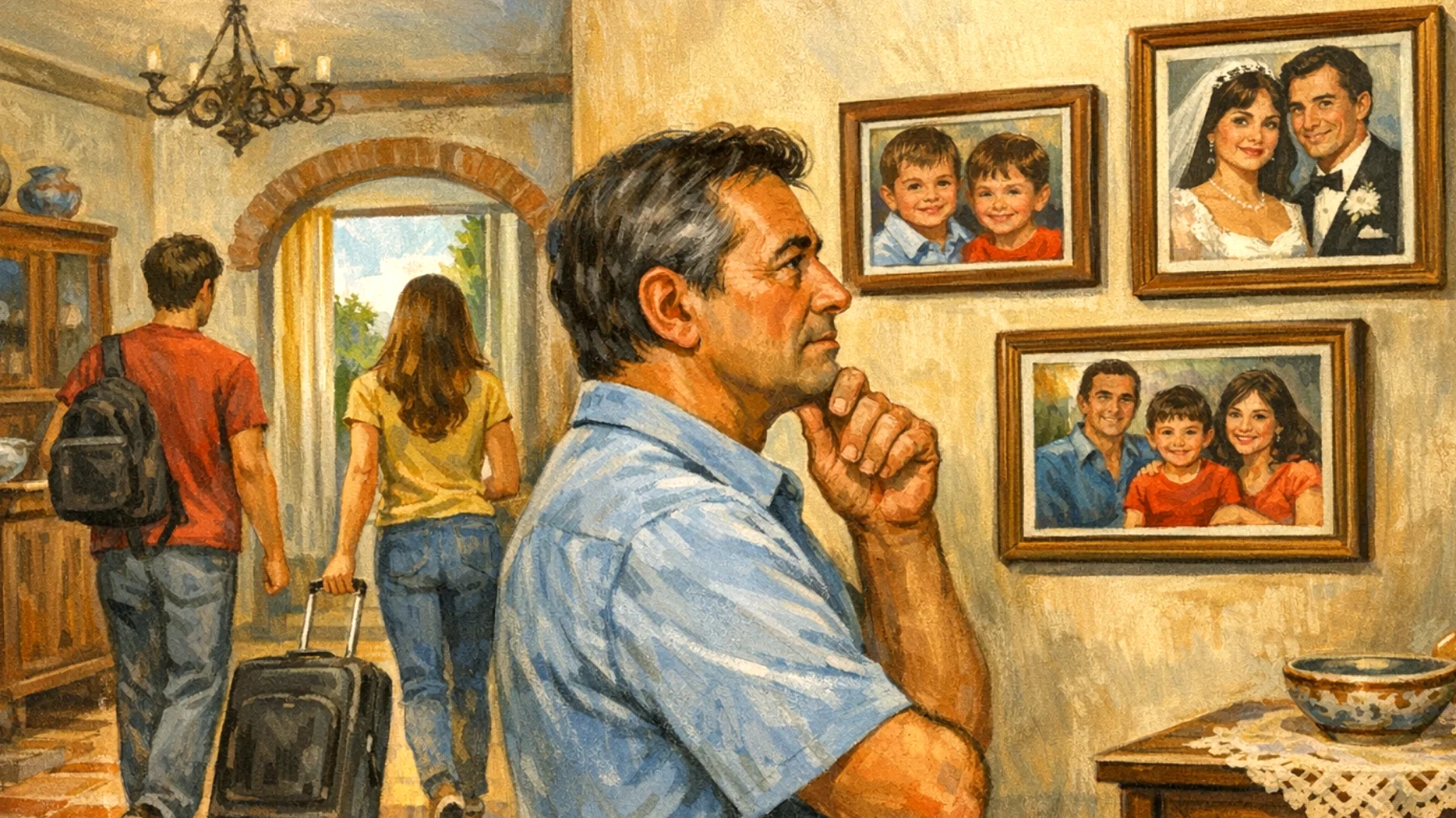 Un papà che teme di perdere il legame emotivo con i suoi figli giovani adulti, ormai lanciati verso l'indipendenza, la carriera e nuove relazioni affettive, e fatica ad accettare il naturale distacco."