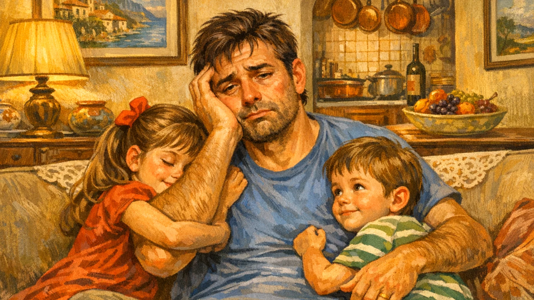 Papà che fatica a gestire la dipendenza eccessiva dei bambini, i quali mostrano ansia da separazione e richiedono costantemente la sua presenza per sentirsi sicuri"